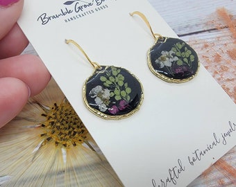 Handmade beautiful real pressed  botanical black earrings | floral jewelry | nature and gardening gift | artsy accessories