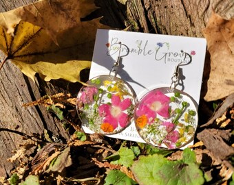 Handmade real pressed pink verbena and gardencress earrings | flower jewelry | gardener gift