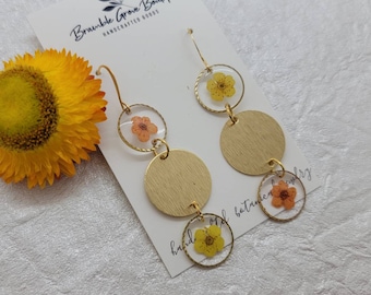 Handmade real orange and yellow unique flower earrings | brass botanical jewelry  | gardener gift