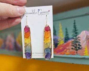 Handmade real flower rainbow dangle earrings | flower petal jewelry | Chakra earrings