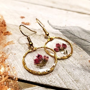 Handmade elegant real pressed Heather flower earrings with gold trim