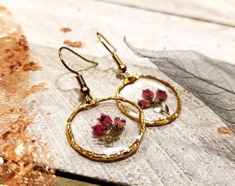 Handmade elegant real pressed Heather flower earrings with gold trim