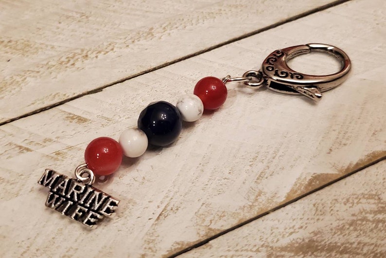 Handmade red white and blue marine wife keychain
