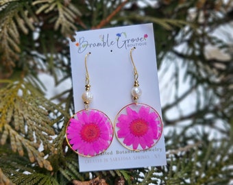 Handmade real pink daisy circle earrings | summer floral jewelry | gift for gardener or nature lover |  botanical earrings