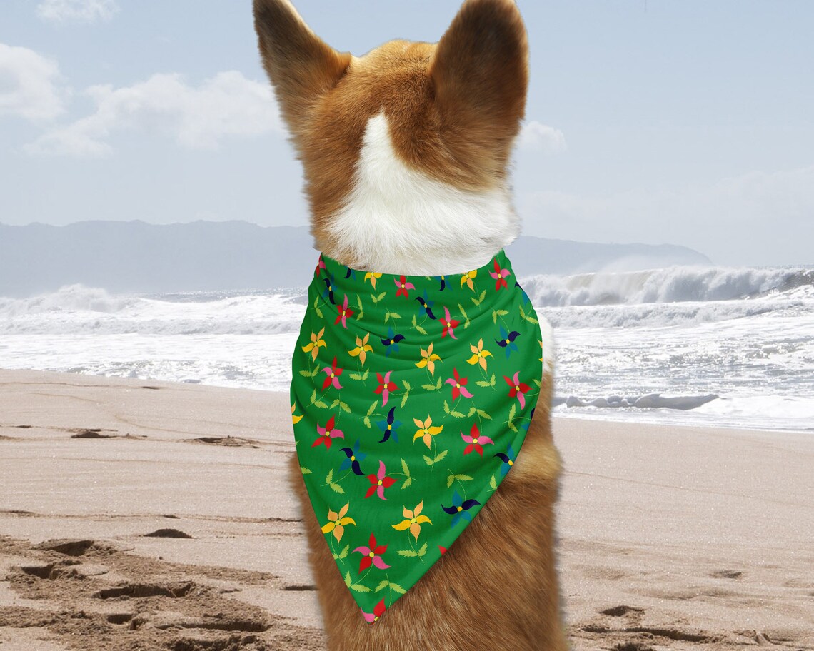 Green Dog Bandana With Colorful Flowers,floral Dog Bandana,green Pet