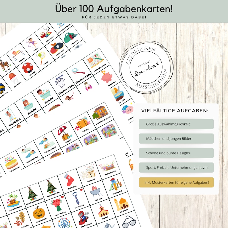 K&ouml;nnte beinhalten: Ein Satz druckbarer Aufgabenkarten mit &uuml;ber 100 bunten Illustrationen. Die Karten sind f&uuml;r Kinder konzipiert und beinhalten Aktivit&auml;ten wie Z&auml;hneputzen, Sport treiben und zur Schule gehen. Der Text auf dem Bild lautet "&Uuml;ber 100 Aufgabenkarten!" und "F&Uuml;R JEDEN ETWAS DABEI".