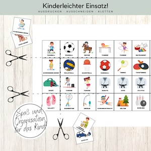 K&ouml;nnte beinhalten: Ein ausdruckbares Aktivit&auml;tsblatt mit bunten Illustrationen verschiedener Sportarten und Aktivit&auml;ten, darunter Schwimmen, Fu&szlig;ball, Basketball, Tennis, Karate, Ballett und mehr. Das Blatt ist f&uuml;r Kinder konzipiert und enth&auml;lt den Text "Kinderleichter Einsatz!" welcher ins Englische &uuml;bersetzt "Easy for Kids!" bedeutet.