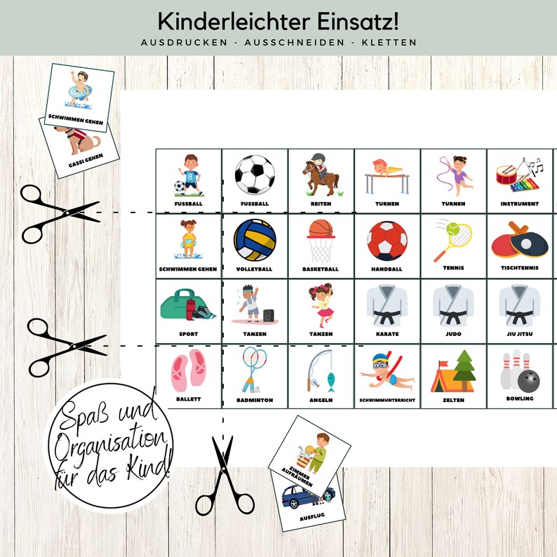K&ouml;nnte beinhalten: Ein ausdruckbares Aktivit&auml;tsblatt mit bunten Illustrationen verschiedener Sportarten und Aktivit&auml;ten, darunter Schwimmen, Fu&szlig;ball, Basketball, Tennis, Karate, Ballett und mehr. Das Blatt ist f&uuml;r Kinder konzipiert und enth&auml;lt den Text "Kinderleichter Einsatz!" welcher ins Englische &uuml;bersetzt "Easy for Kids!" bedeutet.