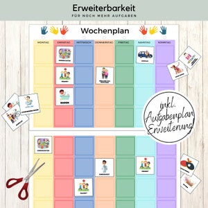 K&ouml;nnte beinhalten: Ein farbenfroher Wochenplaner mit einem Raster aus Quadraten f&uuml;r jeden Tag der Woche. Die Quadrate sind farbcodiert und haben Symbole, die verschiedene Aktivit&auml;ten darstellen, wie z. B. Kindergarten, Schwimmen und Spielen. Der Planer enth&auml;lt einen Bereich f&uuml;r zus&auml;tzliche Aufgaben und eine Erweiterung f&uuml;r weitere Aktivit&auml;ten.