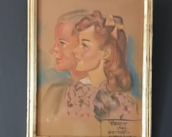 May include: Vintage framed portrait of two women in profile, rendered in pastel colors. The artwork features a woman with blonde hair and another with auburn hair, both with soft facial features. The frame is gold-colored, and the artwork is signed "Bert 1940".