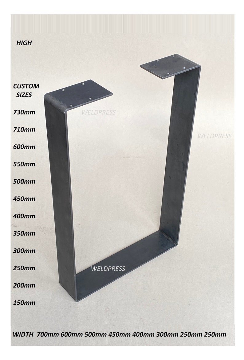 May include: Two black metal table legs with a square shape and a welded design. The legs are available in various sizes, ranging from 150mm to 730mm in height and 250mm to 700mm in width. The image includes the text "WELDPRESS" on the legs.