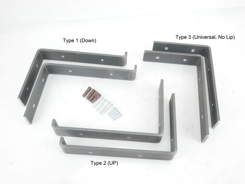 Puede incluir: Conjunto de seis soportes de estanter&iacute;a de metal en tres estilos diferentes. Dos soportes est&aacute;n etiquetados como "Tipo 1 (Down)", dos como "Tipo 2 (UP)" y dos como "Tipo 3 (Universal, No Lip)".