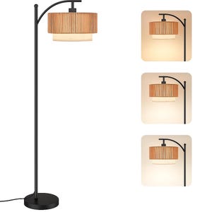 Floor Lamps for Living Room with 12W LED Bulb, Arc Floor Lamp with 3 Color Temperatures, Farmhouse Floor Lamps with Adjustable Rattan Shade