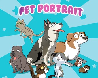 Custom Pet Portrait | Cat, Dog, Horse, Rabbit, Portrait From Photo | Cartoon Style | Custom Gift | cartoon portrait