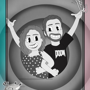 Portrait in retro cartoon style, black and white personalize portrait, custom portrait in 30's cartoon style