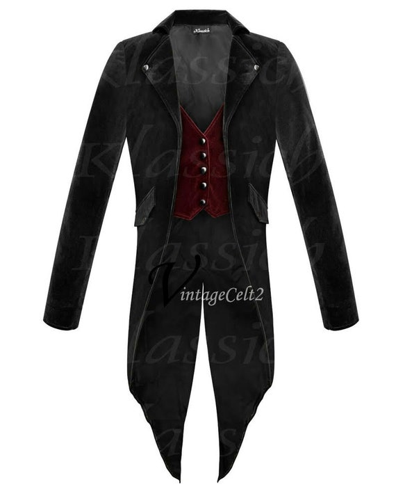 Men Steampunk Tailcoat Jacket Velvet Red COLORS Vest Gothic Victorian Coat VTG