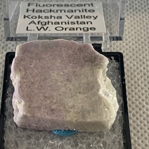 May include: A small, rough, white and purple rock labeled "Fluorescent Hackmanite Koksha Valley Afghanistan L.W. Orange" in a clear plastic display case.