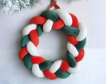 Braided Christmas Wreath from Plush stuffed Tubes, Wall hanging Plaited Fabric Wreath, custom colors, Made in USA