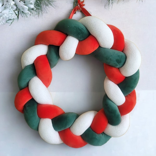 Braided Christmas Wreath from Plush stuffed Tubes, Wall hanging Plaited Fabric Wreath, custom colors, Made in USA