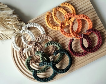 Macrame hoop earrings, braided seasonal accessories, Cozy jewelry gift, Christmas & Thanksgiving theme earrings, Boho Chic Statement Jewelry