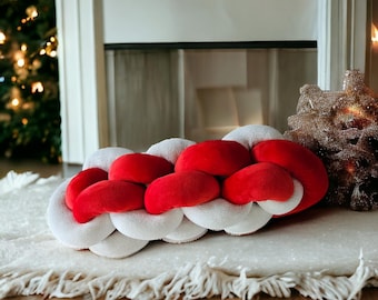 Knot pillow in Bolster shape is 22 x 9 x 8 inches • Mixed colors lumbar pillow • Back support cushion • Christmas Braided cushion candy cane