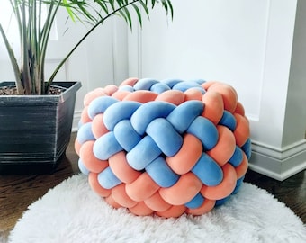 Braided Pouf Ottoman is 20 x 14 inches • Custom color mix Footrest chair • Accent Knotted footstool • Decorative floor pouf for living room