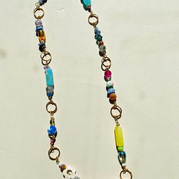 FIADH | handmade beaded short necklace - colourful eclectic boho style - natural semi precious stone beads - upcycled materials