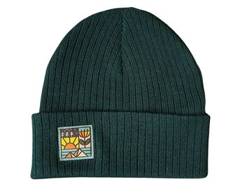 Forest Green Knit Beanie Hat- Rib Knit Beanie with Sun Woven Patch