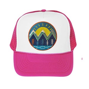 Kids Trucker Hat | Mountain Patch Trucker Hat | Pink, Green Kids Trucker Hat | Embroidered Patch Boy Girl Snapback Cap