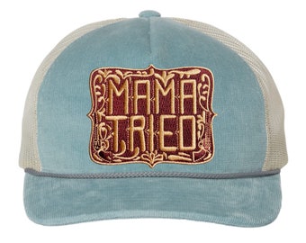 Mama Tried Embroidered Patch Trucker Hat – Blue Corduroy Snapback