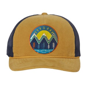 Corduroy Trucker Hat- Mountain Sunset Trucker Hat with Patch Embroidered Outdoor Mountain Nature Patch