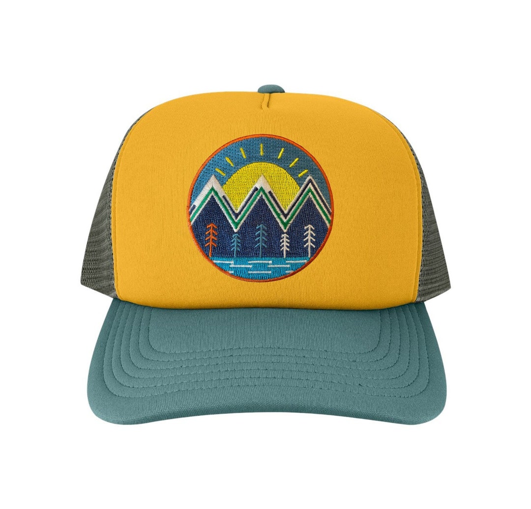 Trucker Hat with Mountain Sunset Patch-Snapback Hat Embroidered Patch