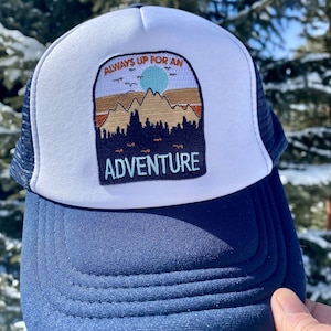 Kids Trucker Hat | Mountain Adventure Patch Trucker Hat | Navy White Kids Trucker Hat | Embroidered Patch Kids Snapback Cap