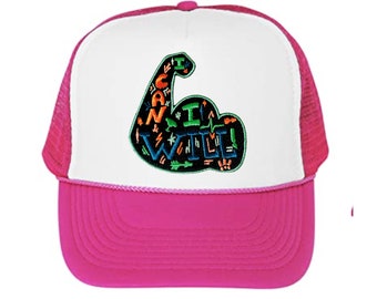 KIDS Trucker Hat- I Can & I Will Patch- Hot Pink- Girls Snapback Hat-Girl Power Patch
