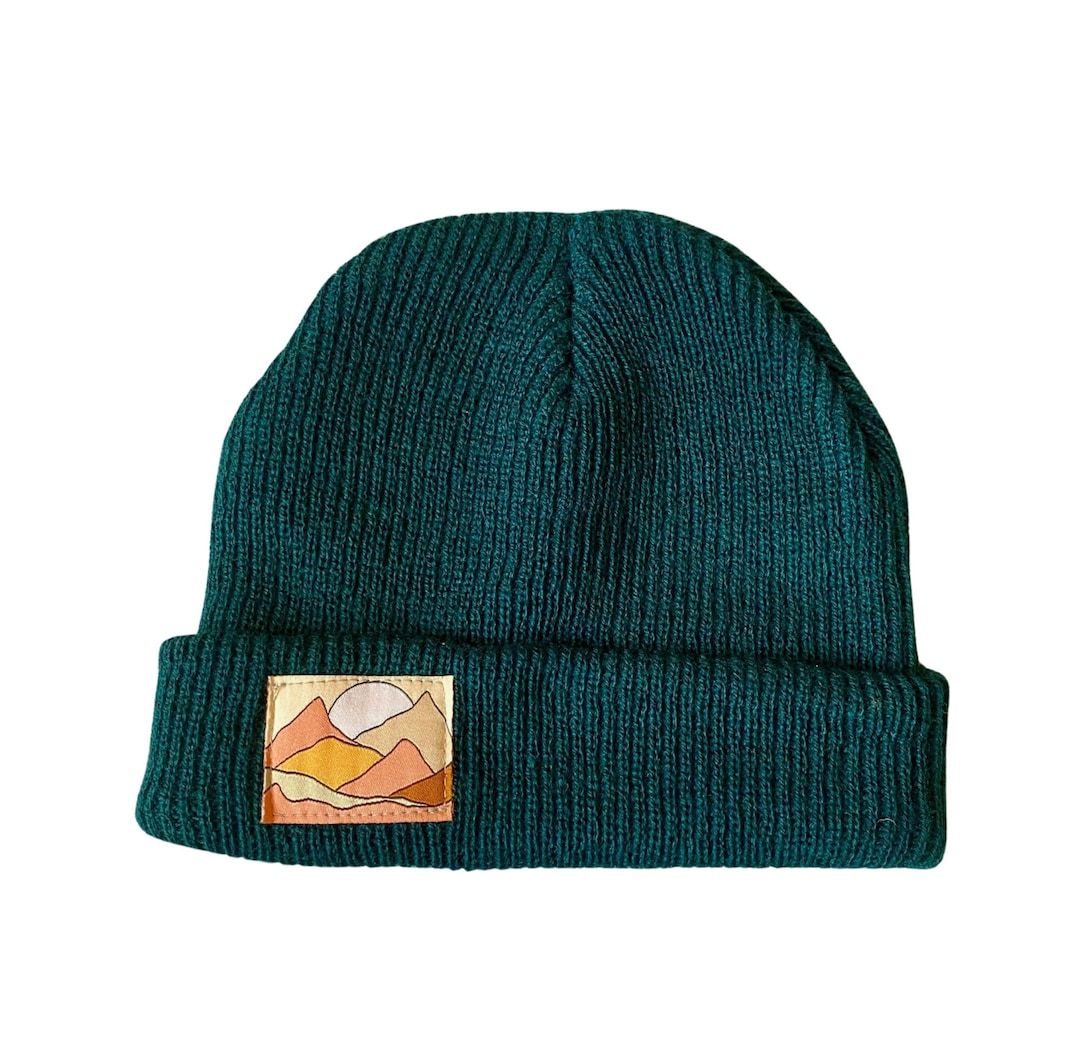 Dark Green Knit Beanie Hat- Rib Knit Beanie With Mountain Woven Patch ...