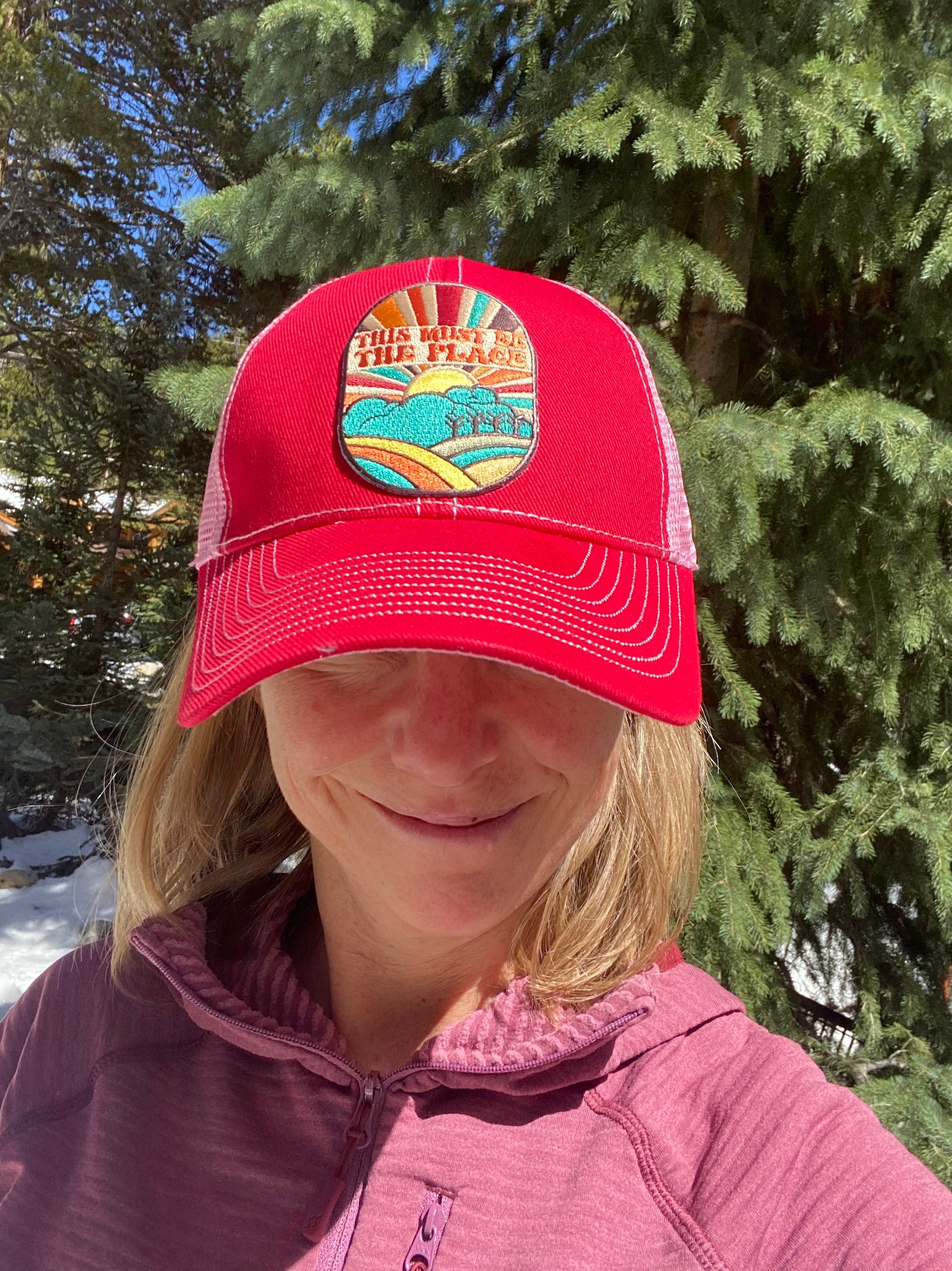 Women's Trucker Hat Low Profile, Grey Baseball Hat Mountain Sun