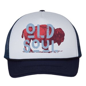 Old Soul Buffalo Kids Trucker Hat | Mountain Style Trucker Hat | Navy Blue/White Kids Trucker Western Snapback Cap