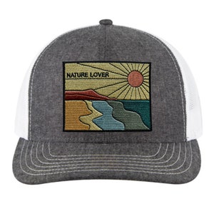 Women&#39;s Trucker Hat- Nature Lover- Women&#39;s Grey or Taupe Baseball Hat- Embroidered Outdoor Nature Patch