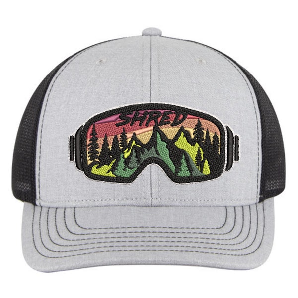 SHRED Ski Snowboard KIDS Trucker Hat- Mid-Profile- Shred Embroidered Patch Black Grey Trucker Hat-Send it