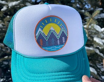 Mountain Sunset Patch Kids Trucker Hat- Youth Trucker Hat Embroidered Patch- Youth Trucker Hat