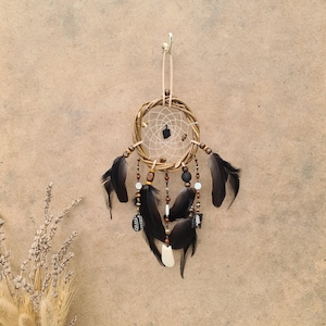 Protective mini Dream Catcher with Tourmaline and Unakite - Traditional Native American Dreamcatcher with Buffalo Bone & River Shell
