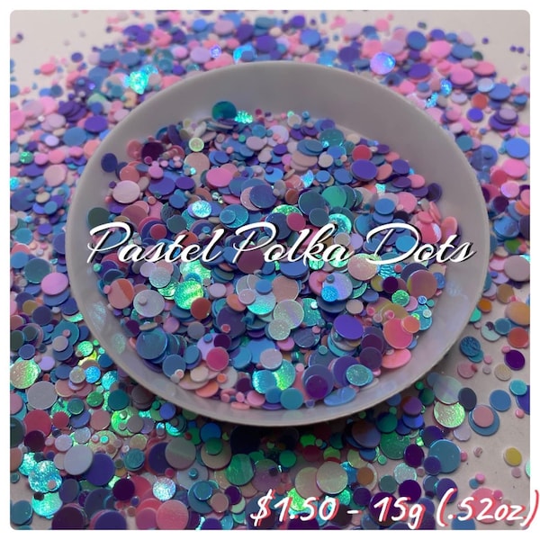 Pastel Polka Dots: Circle glitter shape filler, circle crafting glitter, metallic circle glitter, 1/2oz (15g) wt.