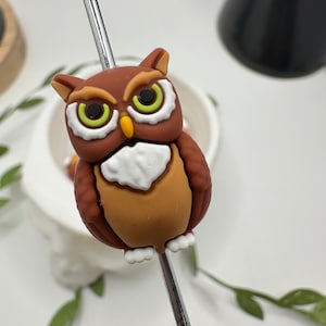 May include: A brown and orange owl charm with green eyes and white accents. The owl is attached to a silver metal rod.