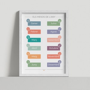 Los meses del año en catalán - Aprender los meses - Póster educativo de los meses - Póster Montessori - Decoración aula - Descarga digital
