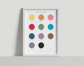 Pode incluir: Um quadro de cores emoldurado com o título "ELS COLORS". O quadro mostra 12 cores diferentes com seus nomes em francês escritos abaixo de cada círculo de cor.
