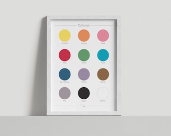 May include: A framed poster with the word "Colores" at the top and a grid of 12 colored circles with the Spanish word for each color written below each circle. The colors are yellow, orange, pink, red, green, blue, dark blue, purple, brown, gray, black, and white.