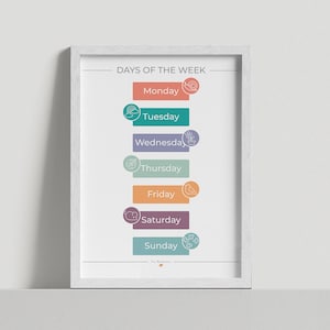 Los días de la semana en inglés  - Póster educativo de los días de la semana - Cartel Montessori - Decoración aula - Descarga digital