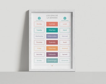 Giorni della settimana in spagnolo, francese e inglese - Impara le lingue - Poster didattico della settimana - Poster Montessori - Decorazione per l'aula di lingue