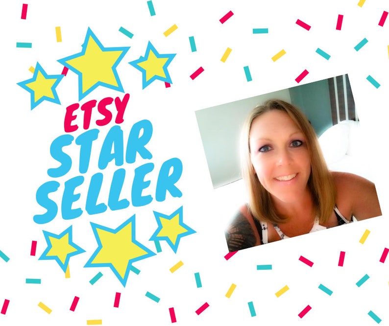 May include: A woman smiles for the camera in front of a white background with confetti and the text "Etsy Star Seller" in blue and yellow.