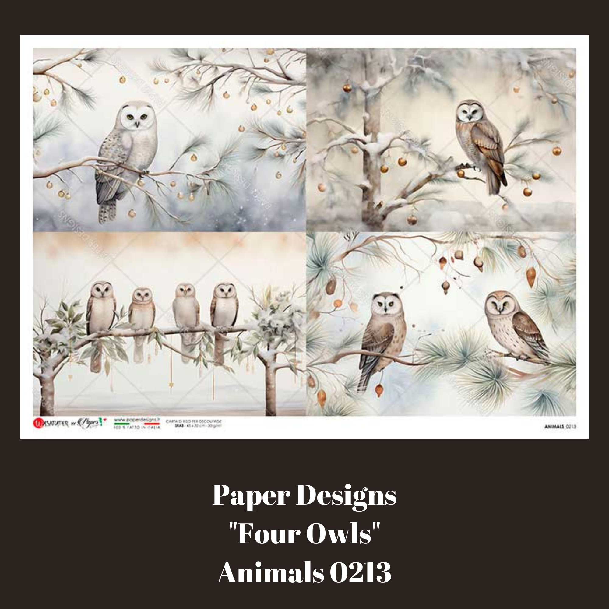 Decoupage Rice Paper | Four Owl Scenes | PD Animals 0213 | Paper Designs | Printed in Italy | Decor 
